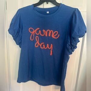 LadyBoutiquebd Royal blue and Orange Puff Sleeve Game Day Tee Size XL NWOT